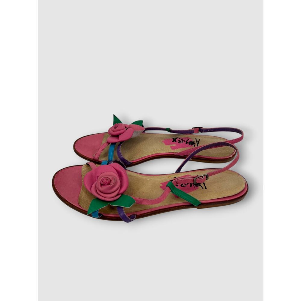 Vintage 1990s Y2k Leather Pink Rose Appliqué Flat Slingback Sandals Size 9M - Picture 3 of 7